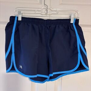 Under Armour Women's Navy Blue Running Shorts with Light Blue Trim Sz Medium